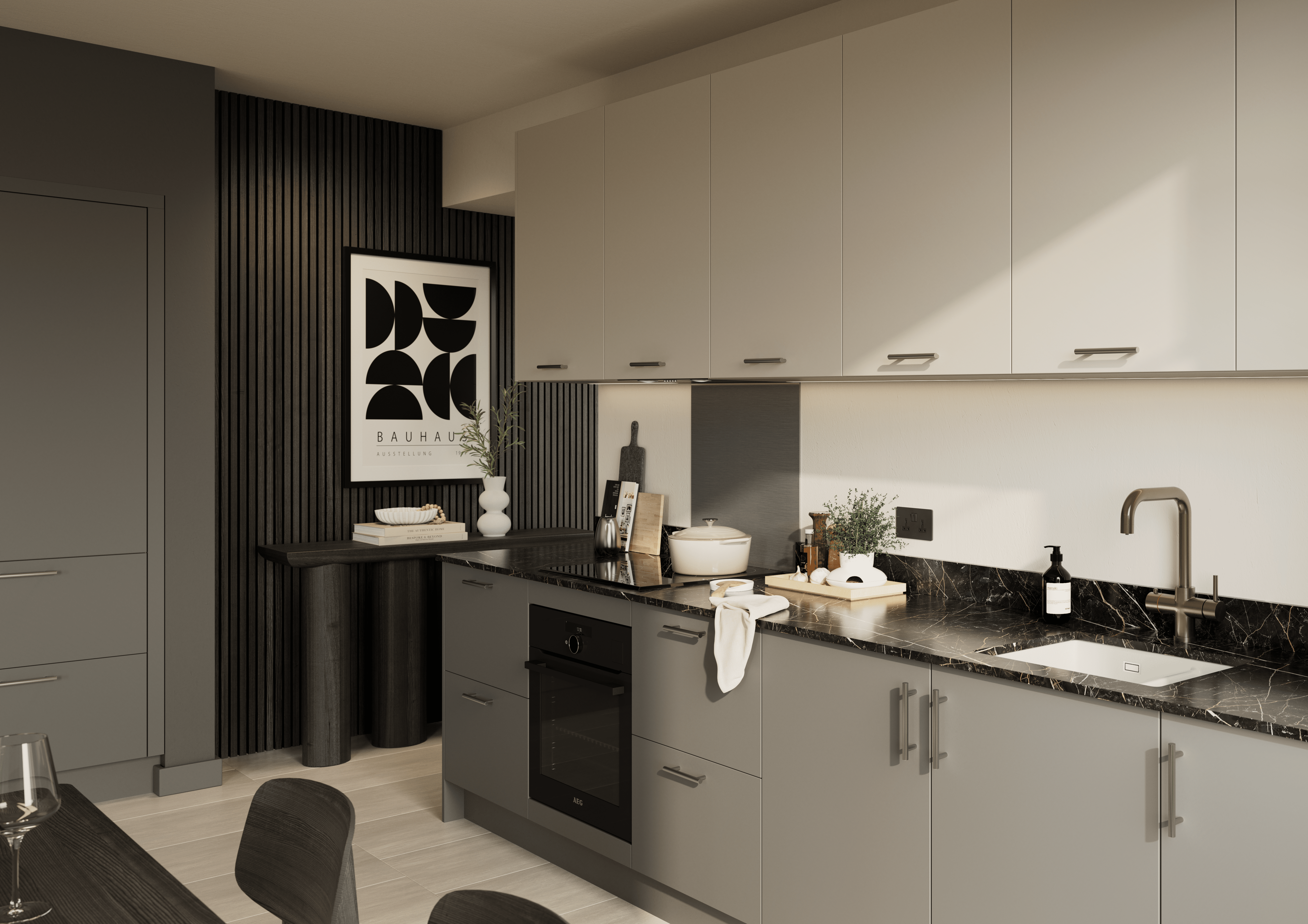Grey and white kitchen in flat