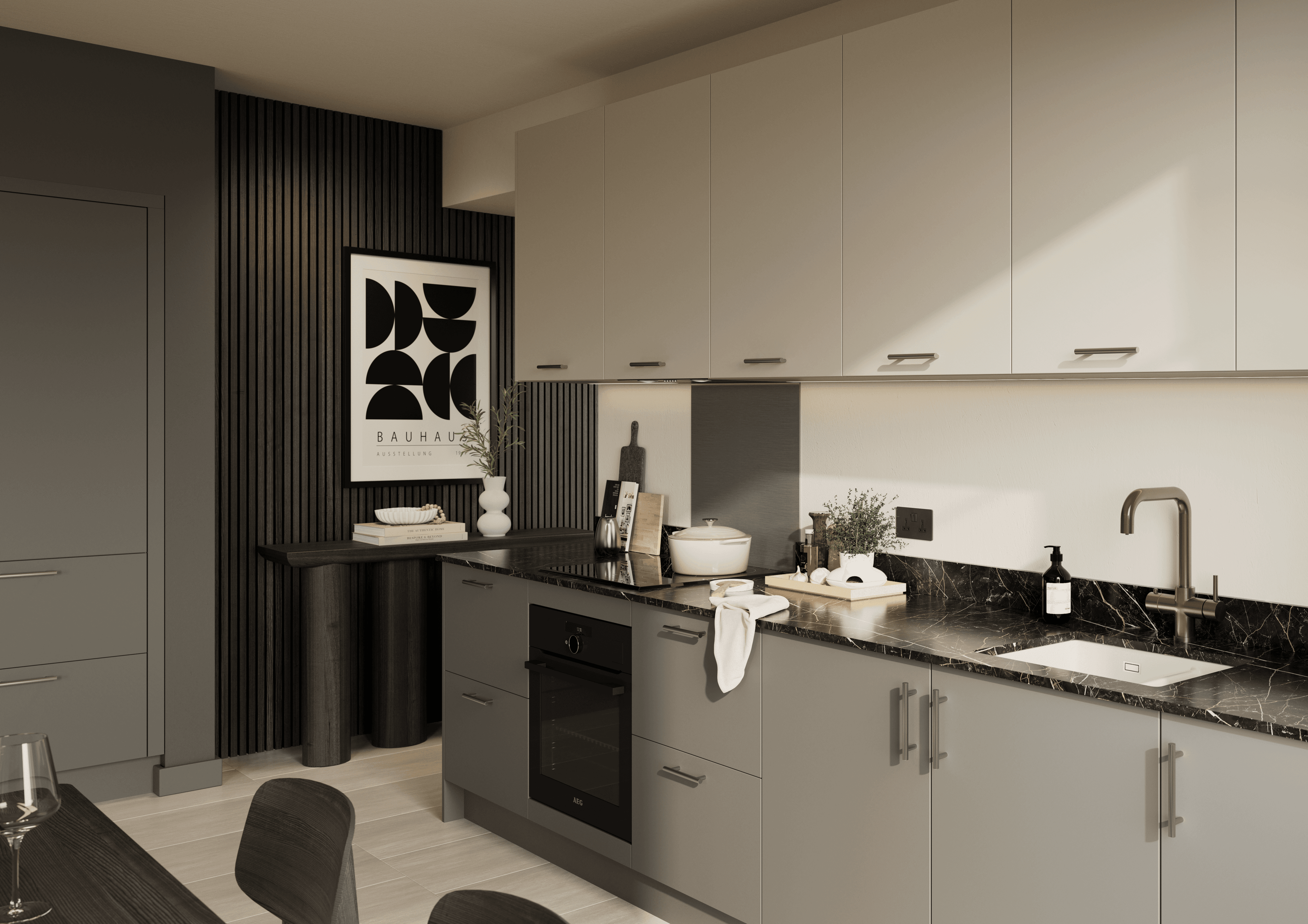 Grey and white kitchen in flat