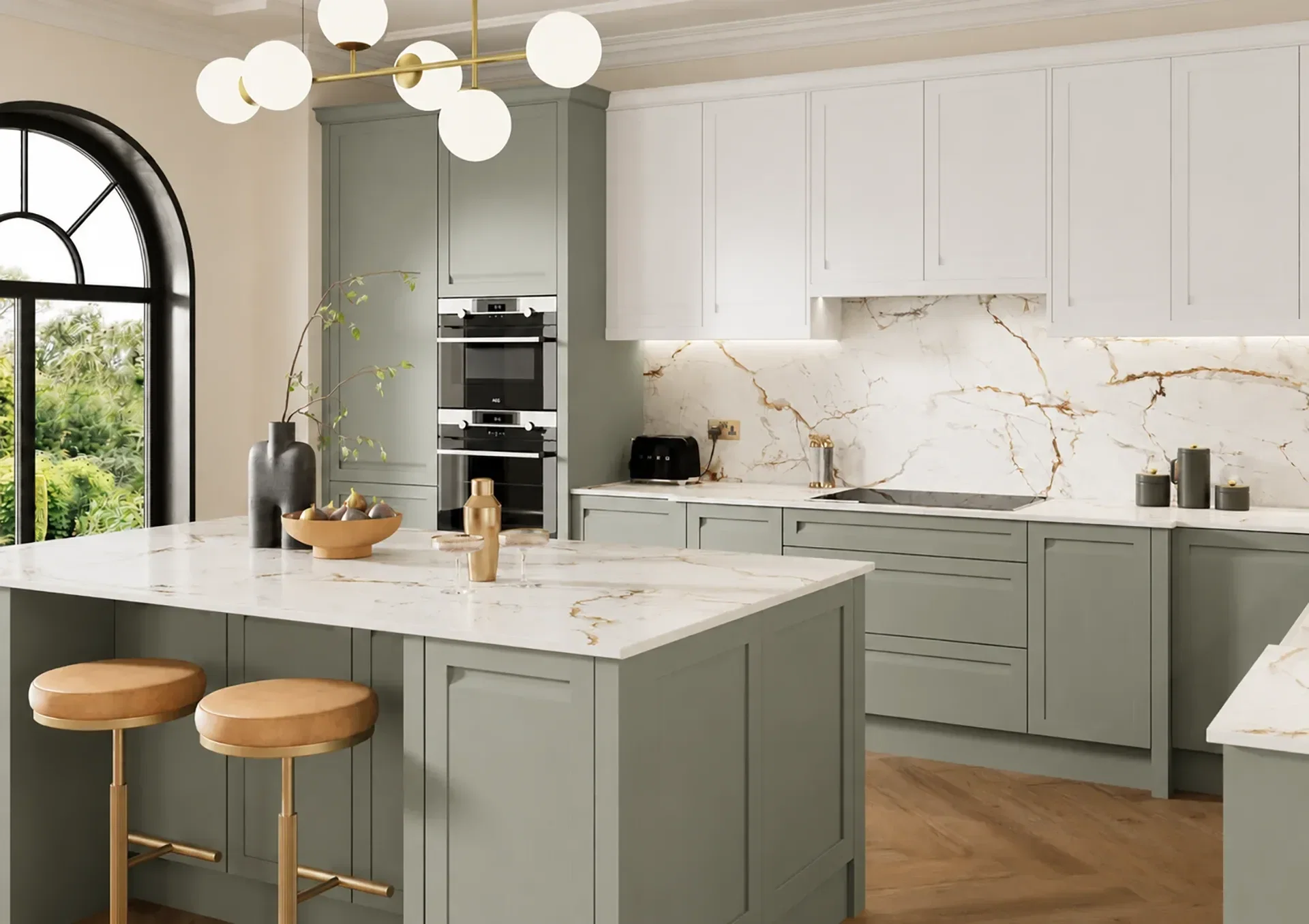 Two tone kitchen with Fontwell Sage Green and Brilliant White shaker doors